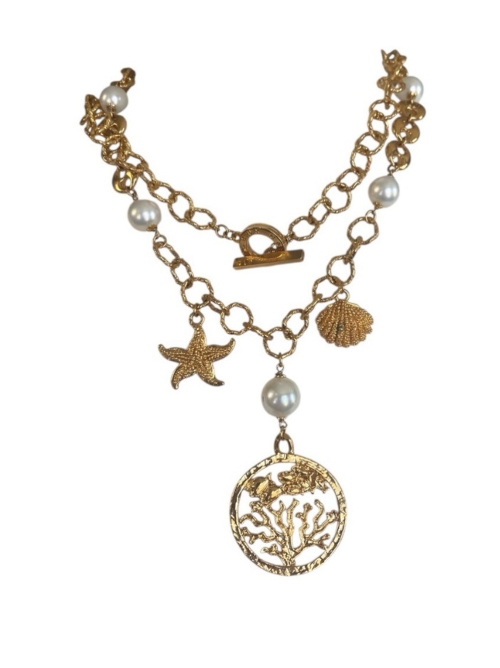Bijoux Cascio Womens Gold Plated Ocean Themed Long Chain Necklace Pearl Italy